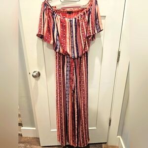 City Triangles Off Shoulder Maxi Dress Medium Boho Tribal Stripe Pink Blue